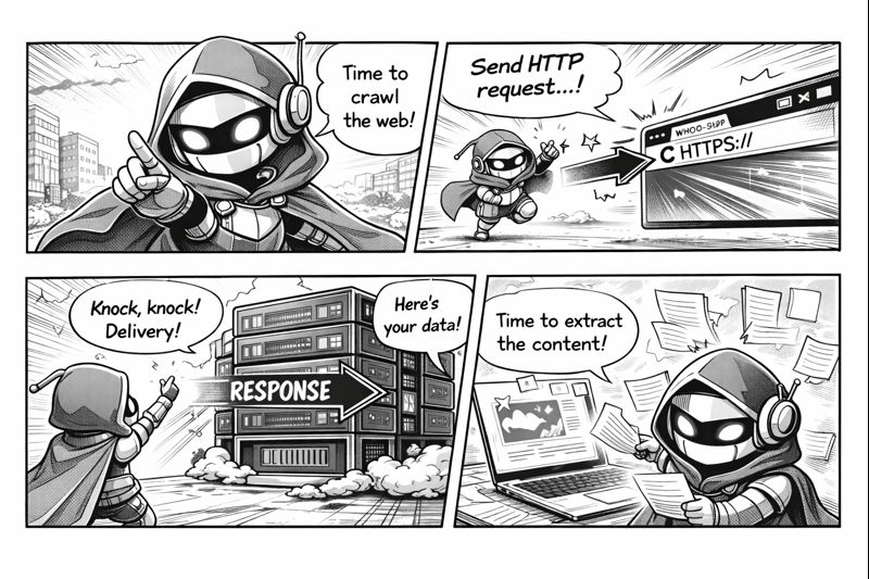 Comic showing how AI bots crawl websites: Bot sends HTTP request to server, server responds with data, bot extracts content