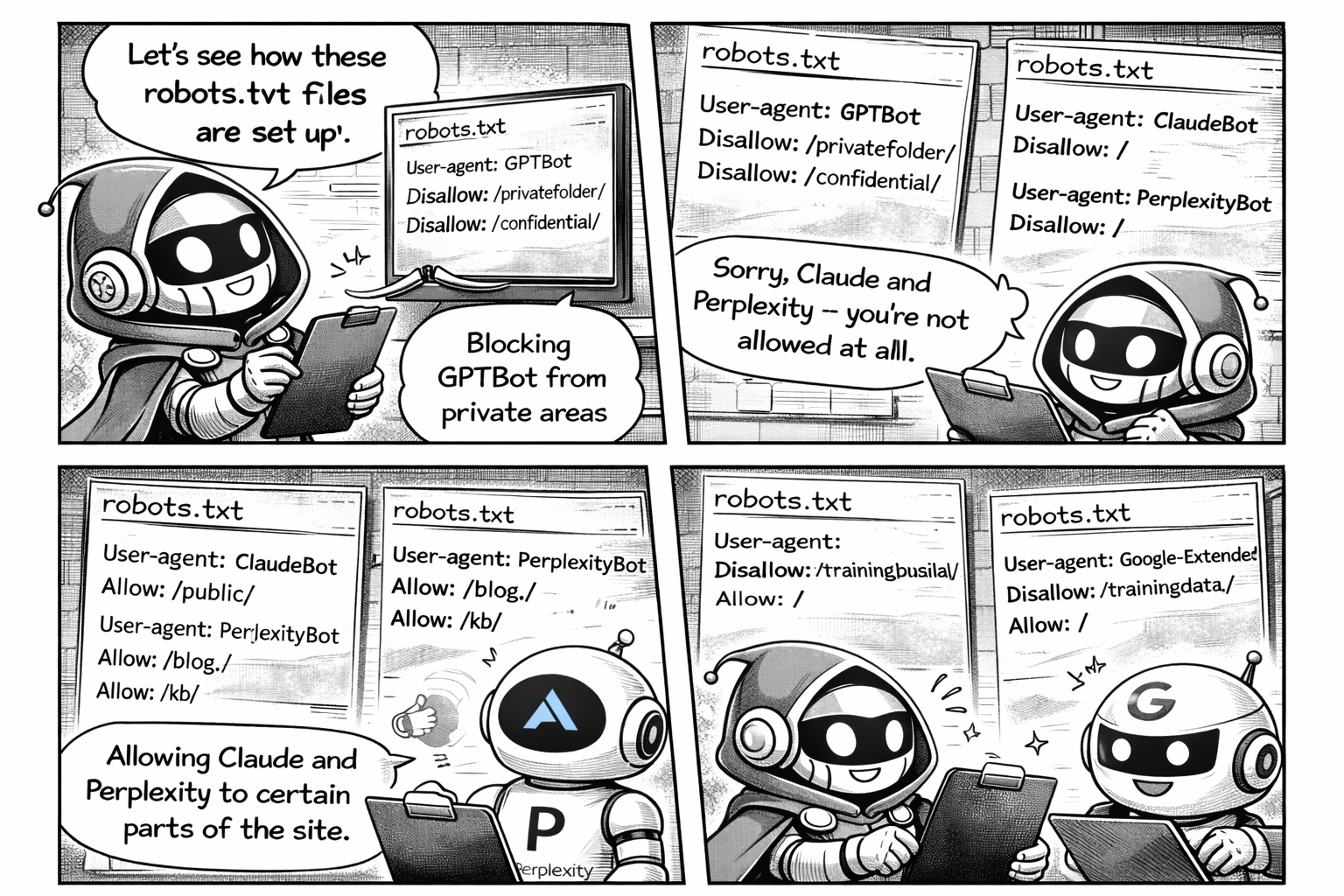 Comic showing robots.txt configurations for different AI bots - blocking GPTBot from private areas, allowing ClaudeBot and PerplexityBot to specific sections